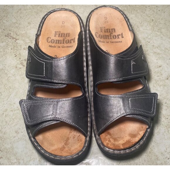 Finn Comfort Womens Black Leather Slide Sandals Size 38 Indie Boho Cottagecore - Picture 2 of 9